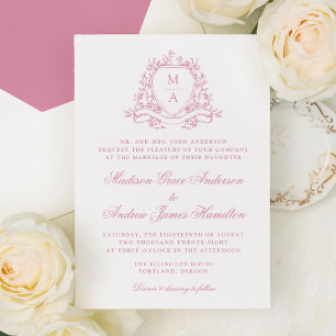 Invitation Blason Floral Rose Élégant Monogramme de Mariage