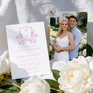 Invitation Blason Floral Rose Élégant Monogramme Photo Mariag