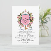 Invitation Blason floral rose monogramme Golden Retriever (Debout devant)