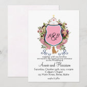 Invitation Blason floral rose monogramme Golden Retriever (Devant / Derrière)