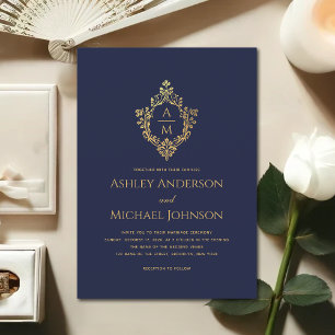 Invitation Blason Monogramme Vintage Bleu Marine Faux Or Mari
