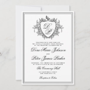 Invitation Blason monogramme vintage classique mariage noir b