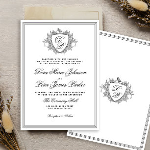 Invitation Blason vintage noir et blanc mariage monogramme