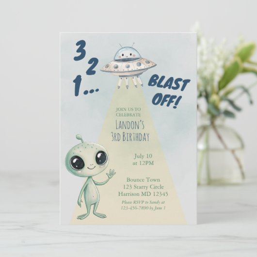 Invitation Blast Off Alien Boys Third Birthday (Debout devant)
