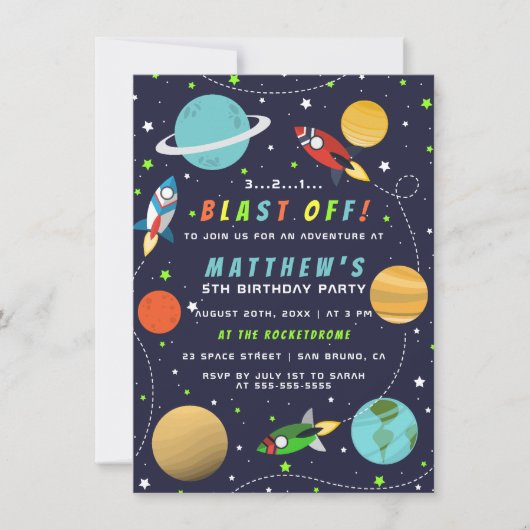 Invitation Blast Off ! Fête d'anniversaire à thème de l'espac (Devant)