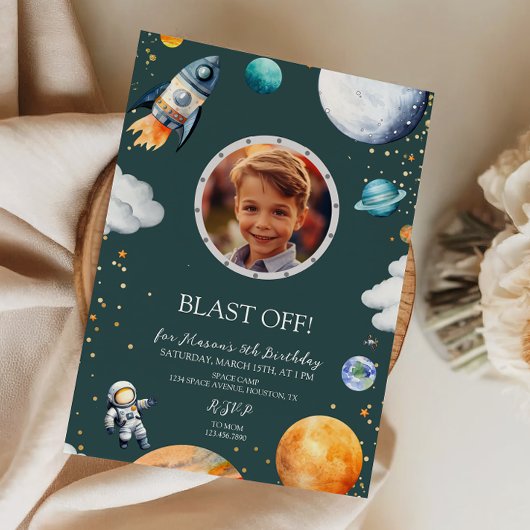 Invitation Blast Off Photo Space Theme Kids Birthday Party