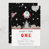 Invitation Blast Off Rocket Navire et espace Premier annivers (Devant / Derrière)