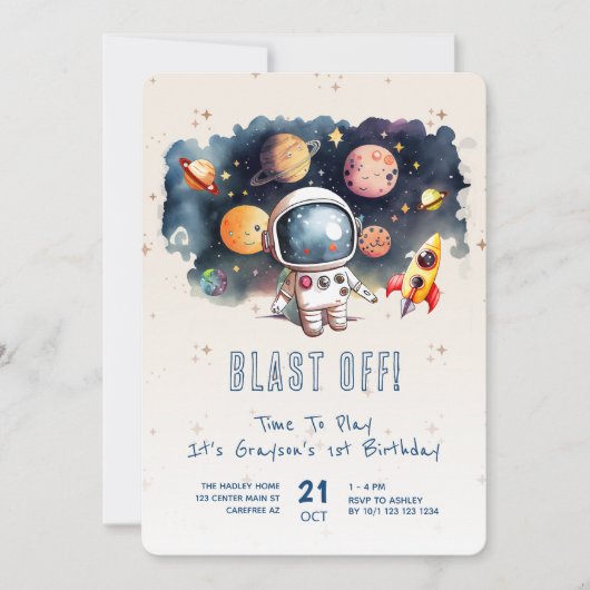 Invitation Blast Off Rocket Ship 1er anniversaire (Devant)