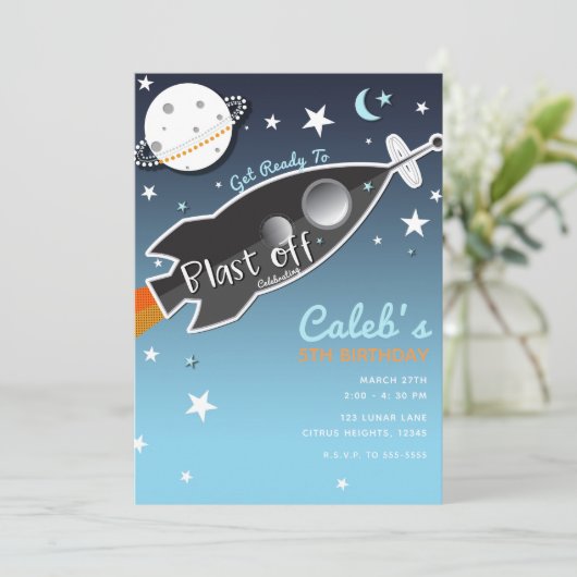 Invitation Blast Off Rocket Ship Space Anniversaire (Debout devant)
