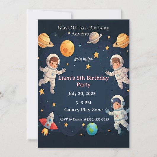 Invitation Blast Off Space Adventure Kids 6th Birthday Party  (Devant)