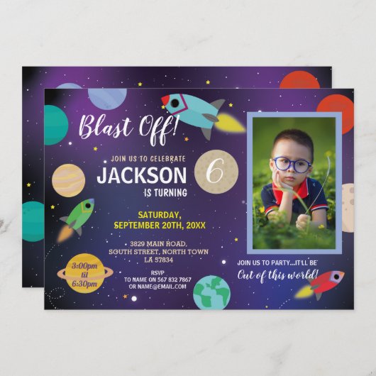 Invitation Blast Off Space Galaxy Fête d'anniversaire Rocket  (Devant / Derrière)
