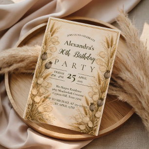 Invitation Blé Botanique Vintage Neutre 90e Anniversaire