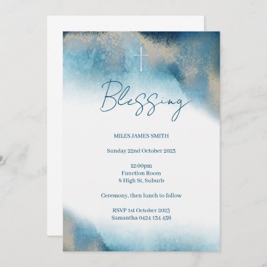 Invitation Blessing Invitation. Aquarelle bleu et or. (Devant / Derrière)