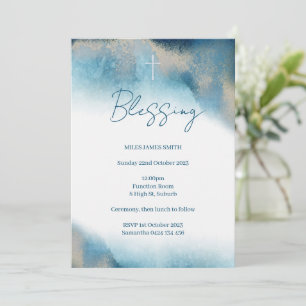 Invitation Blessing Invitation. Aquarelle bleu et or.