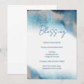 Invitation Blessing Invitation. Aquarelle bleu et or. (Devant / Derrière)