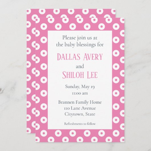 Invitation Blessure Bébé Joyeux Pink Polka-Dot Twin Whimsy (Devant / Derrière)