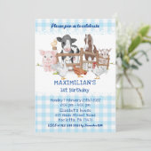 Invitation Bleu 1er anniversaire Animaux de ferme Barnyard Fu (Debout devant)
