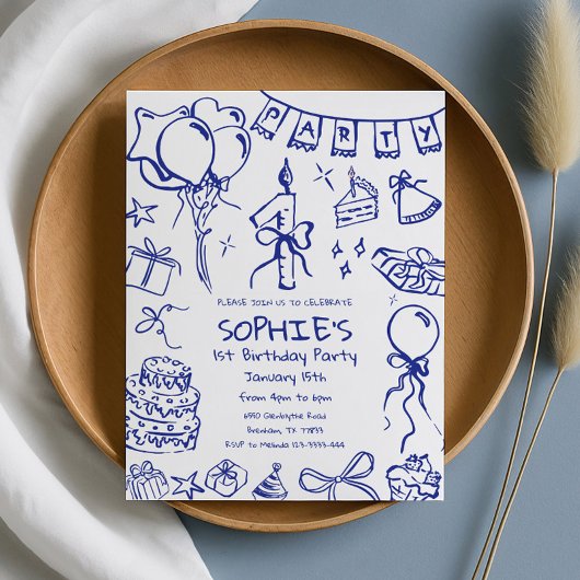 Invitation Bleu 1er Anniversaire Invitation, Main dessinée An