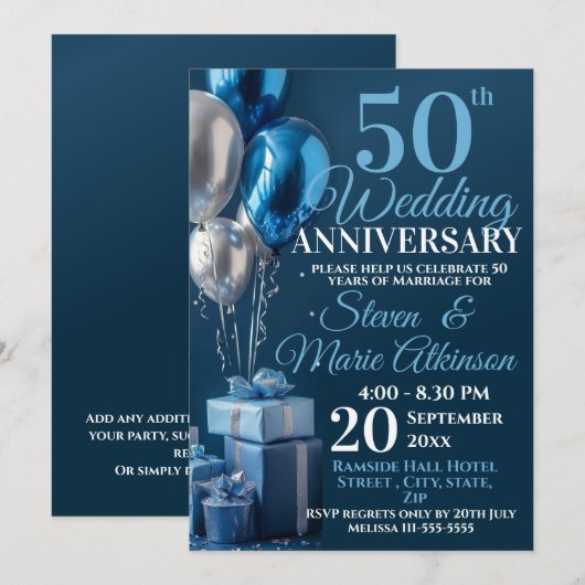 Invitation Bleu 50e anniversaire Mariage de ballons cadeaux (Devant / Derrière)
