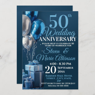 Invitation Bleu 50e anniversaire Mariage de ballons cadeaux