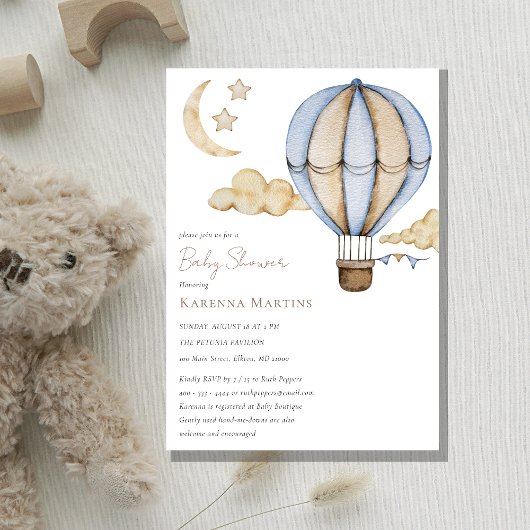 Invitation Bleu à air chaud Baby shower blanc