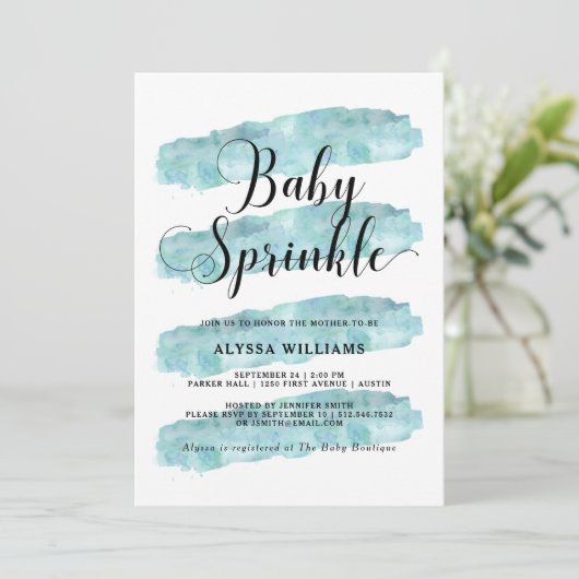 Invitation Bleu Abstrait | Aquarelle Bébé (Debout devant)