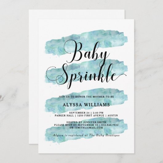 Invitation Bleu Abstrait | Aquarelle Bébé (Devant / Derrière)