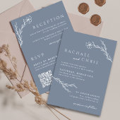 Invitation Bleu acier Boho simple Floral Botanal Code QR