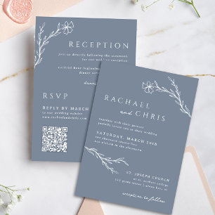 Invitation Bleu acier Boho simple Floral Botanal Code QR