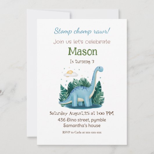 Invitation Bleu adorable Brachiosaurus Dinosaure anniversaire (Devant)