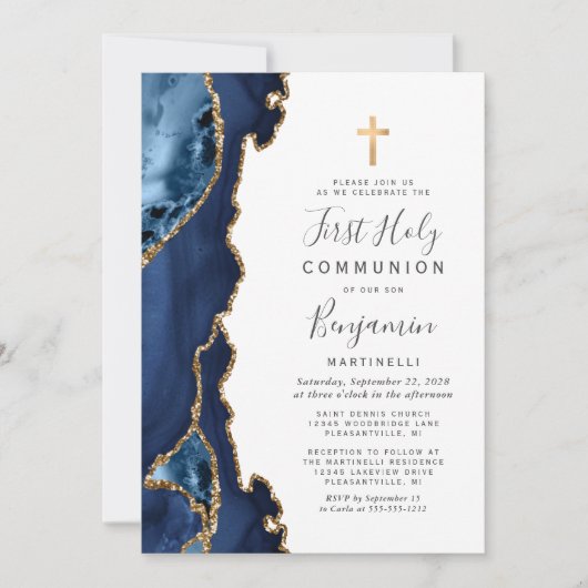 Invitation Bleu Agate Parties scintillant d'or Première commu (Devant)