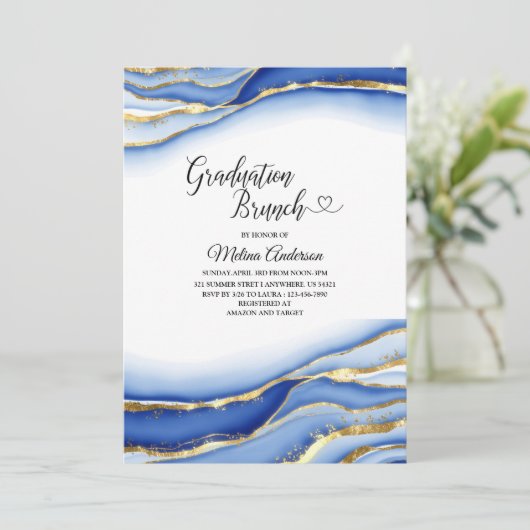 Invitation Bleu Alcool Encre Texture aquarelle graduation br (Debout devant)