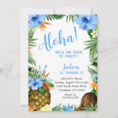 Invitation Bleu Aloha Anniversaire, Hawaiian Luau Tropical (Devant)