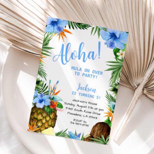 Invitation Bleu Aloha Anniversaire, Hawaiian Luau Tropical