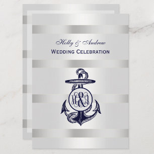 Invitation Bleu Ancre Argent Blanc Marine Vigne Monogramme 33