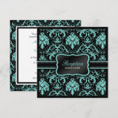 Invitation Bleu Aqua Élégant et Damassé Noir Réception Seulem (Devant / Derrière)