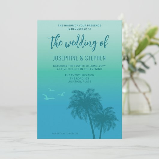 Invitation Bleu Aqua Tropical Avec Mariage Turquoise Palmiers (Debout devant)
