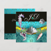 INVITATION BLEU AQUAMARINE DAMAS MARIAGE MONOGRAMME (Devant / Derrière)