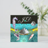 INVITATION BLEU AQUAMARINE DAMAS MARIAGE MONOGRAMME (Debout devant)
