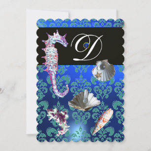 INVITATION BLEU AQUAMARINE DAMAS PLAGE MARIAGE MONOGRAMME