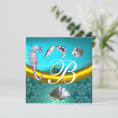 INVITATION BLEU AQUAMARINE DAMAS PLAGE MARIAGE MONOGRAMME (Debout devant)