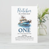 Invitation Bleu Aquarelle Bateau de pêche Premier anniversair (Debout devant)