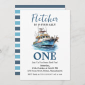 Invitation Bleu Aquarelle Bateau de pêche Premier anniversair (Devant / Derrière)
