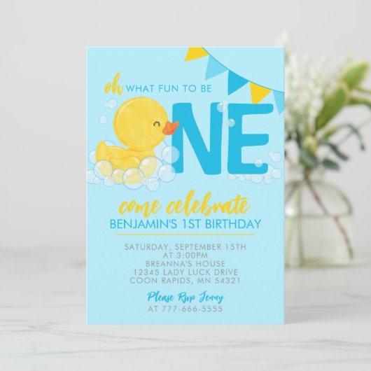 Invitation Bleu aquarelle Bouchon en caoutchouc 1er anniversa (Debout devant)