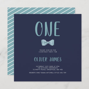 Invitation Bleu Aquarelle Bow Cravate Premier anniversaire