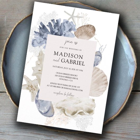 Invitation Bleu Aquarelle Coquillages Coral Starfish Mariage