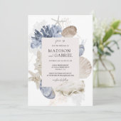 Invitation Bleu Aquarelle Coquillages Coral Starfish Mariage (Debout devant)