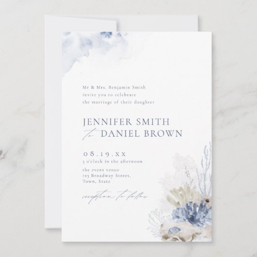 Invitation Bleu aquarelle corail & coquillages plage mariage (Devant)