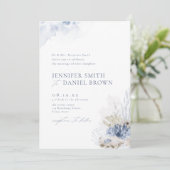 Invitation Bleu aquarelle corail & coquillages plage mariage (Debout devant)