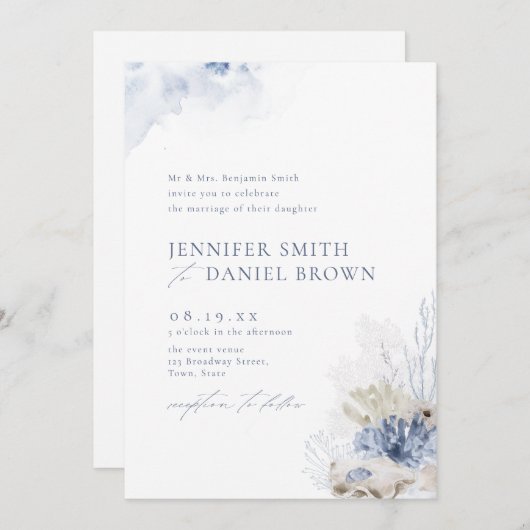 Invitation Bleu aquarelle corail & coquillages plage mariage (Devant / Derrière)